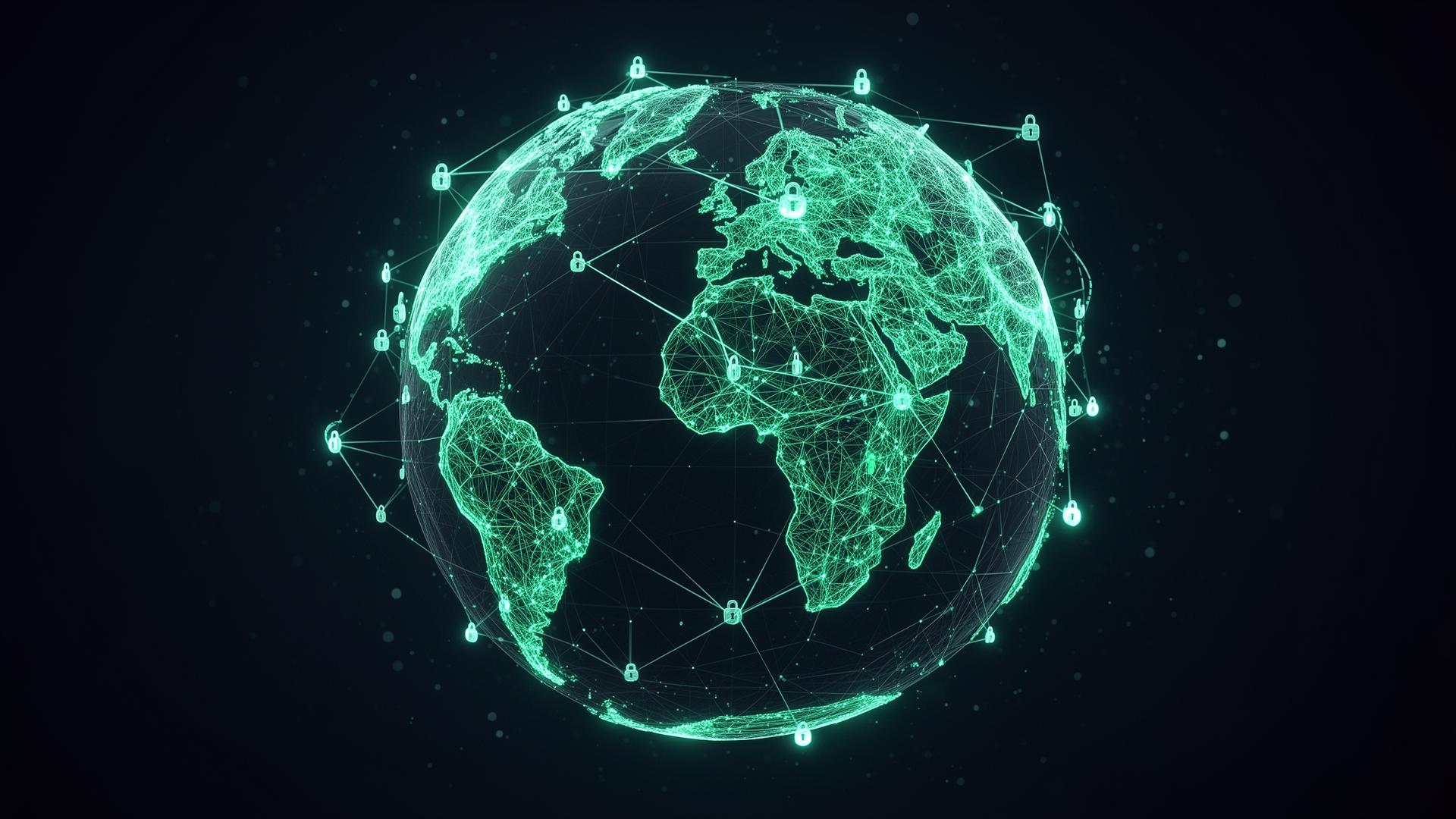 Blockchain-connected globe showing carbon credit network